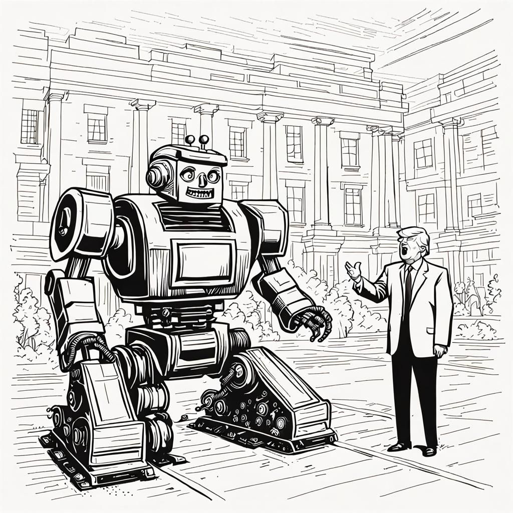 Trump Confronts Robot in Striking Line Art