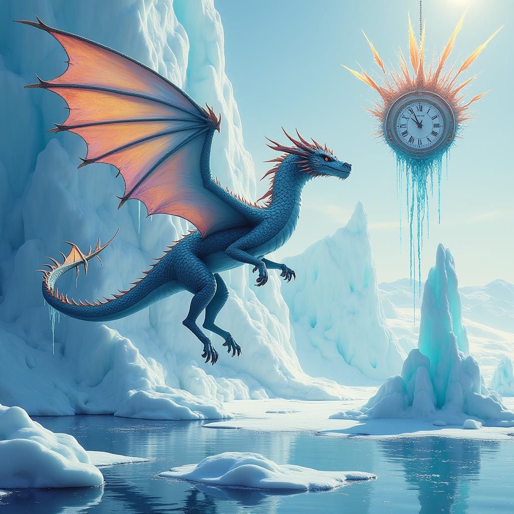 Icy Dragon in Melting Surrealist Landscape
