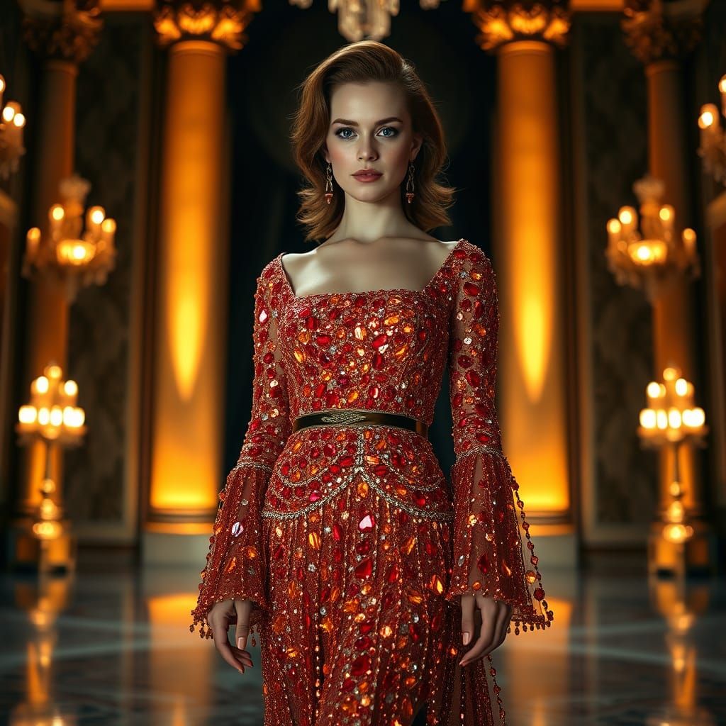 Elegant Woman in Crystalline Dress in Ballroom