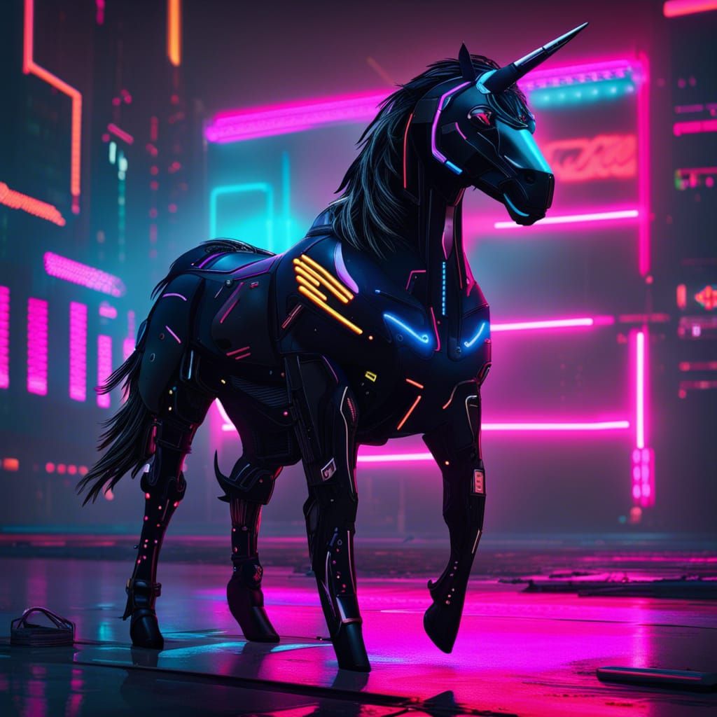 Cyberpunk Black Unicorn in Neon Cityscape