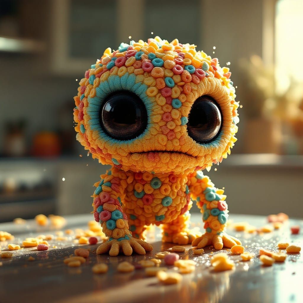 Vibrant Chibi Cereal Monster in Sunny Kitchen