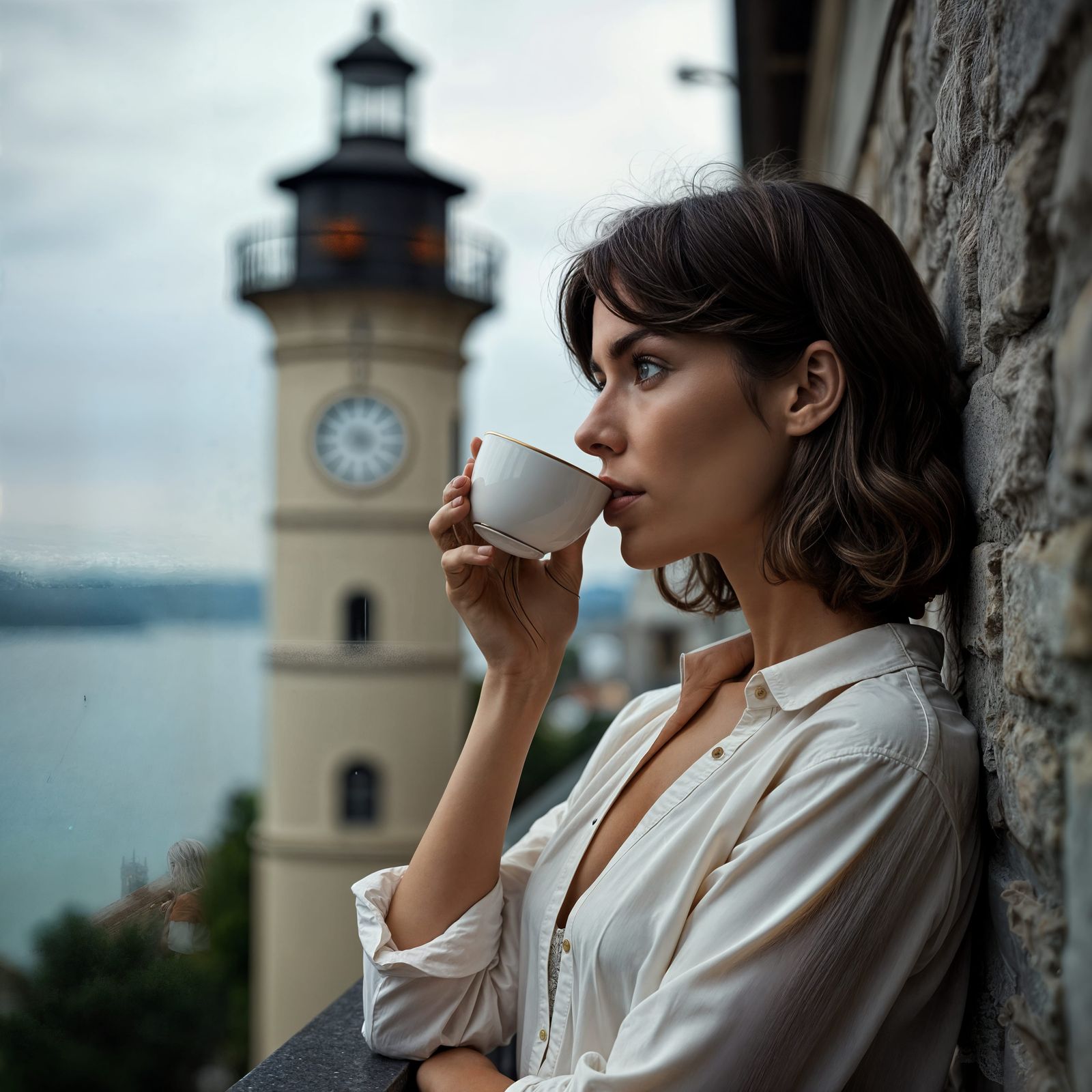 Black and white photo of a beautiful blond French woman with shoulder length brown hair standing, while drinking coffee ...