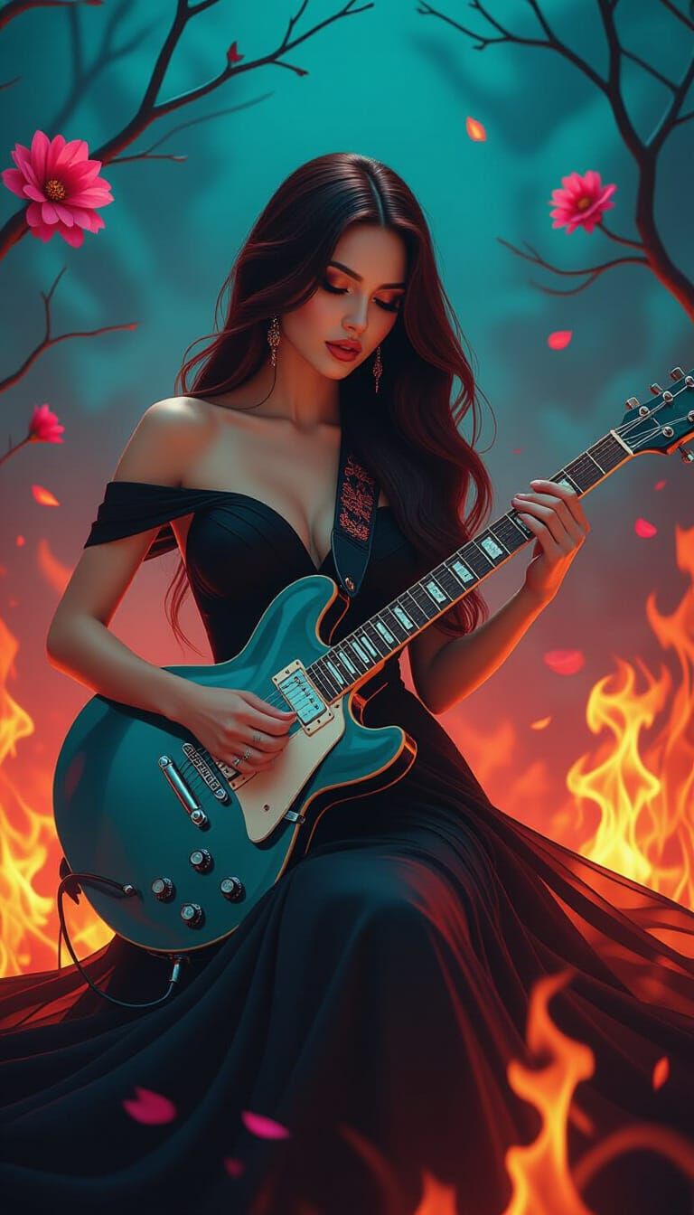 Electric Guitarist in Fiery Abstract Landscape