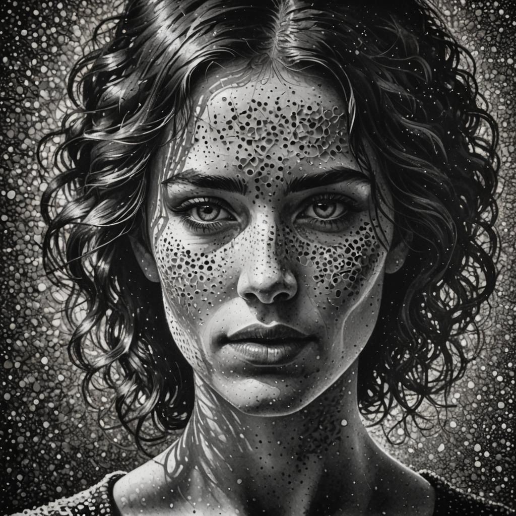 Pointillist Portrait of Woman with Dramatic Lighting