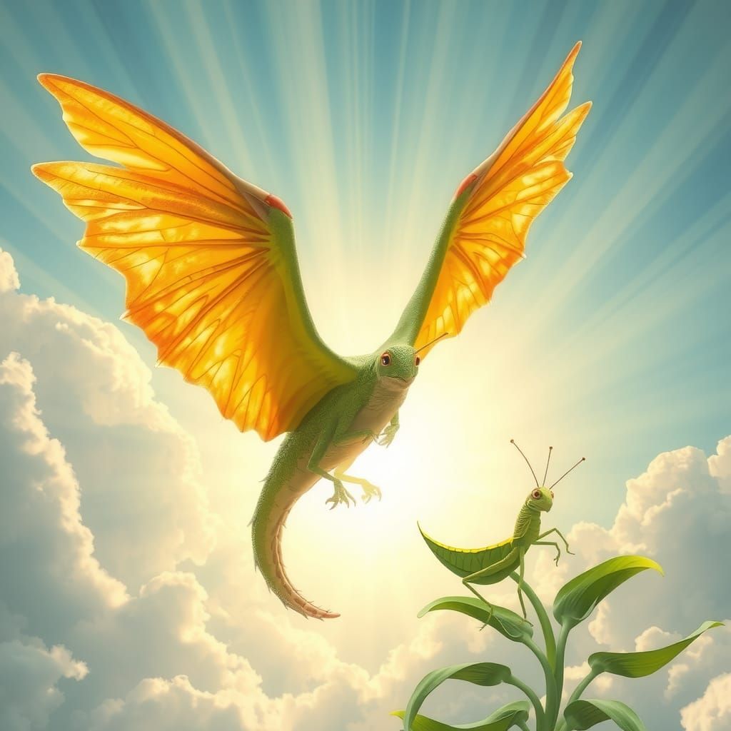 Hybrid Bird-Grasshopper-Dragon in Divine Light