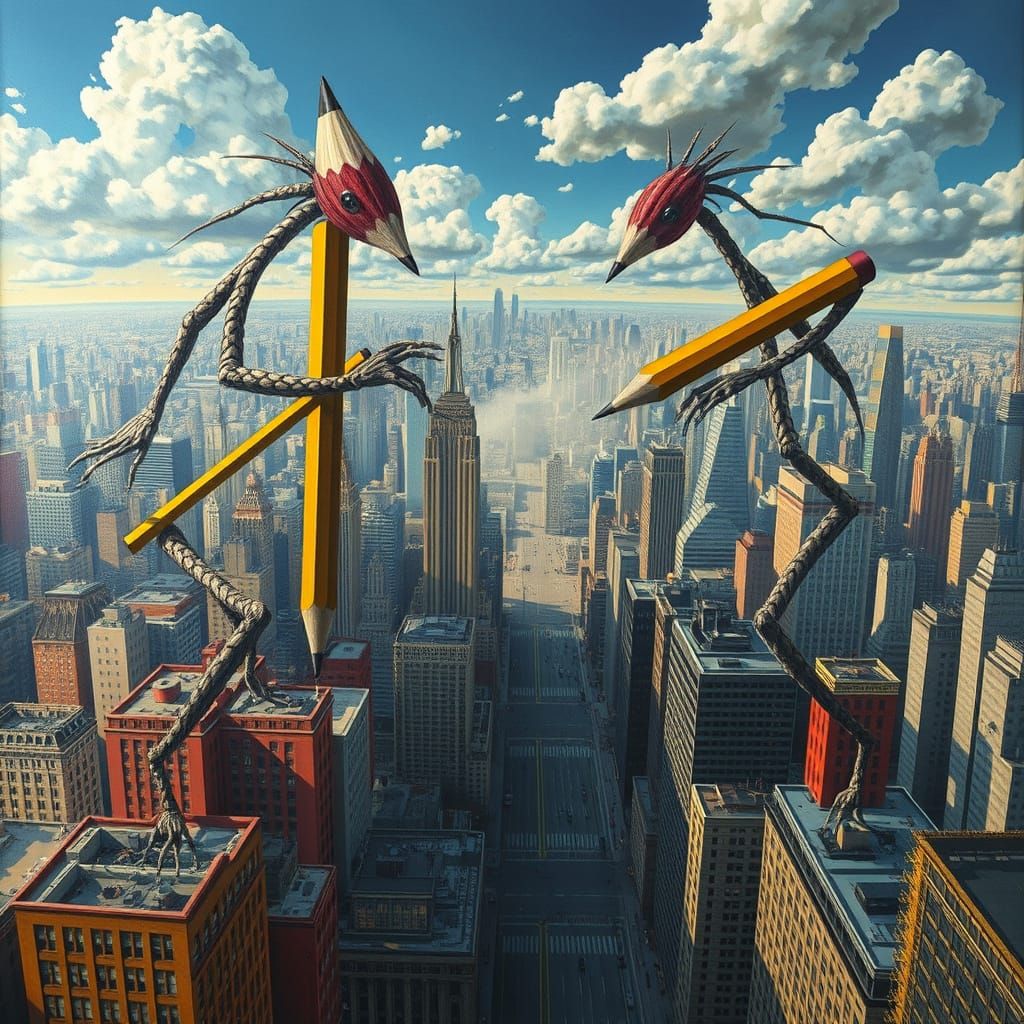 Sentient Pencils Reshape Surreal Cityscape