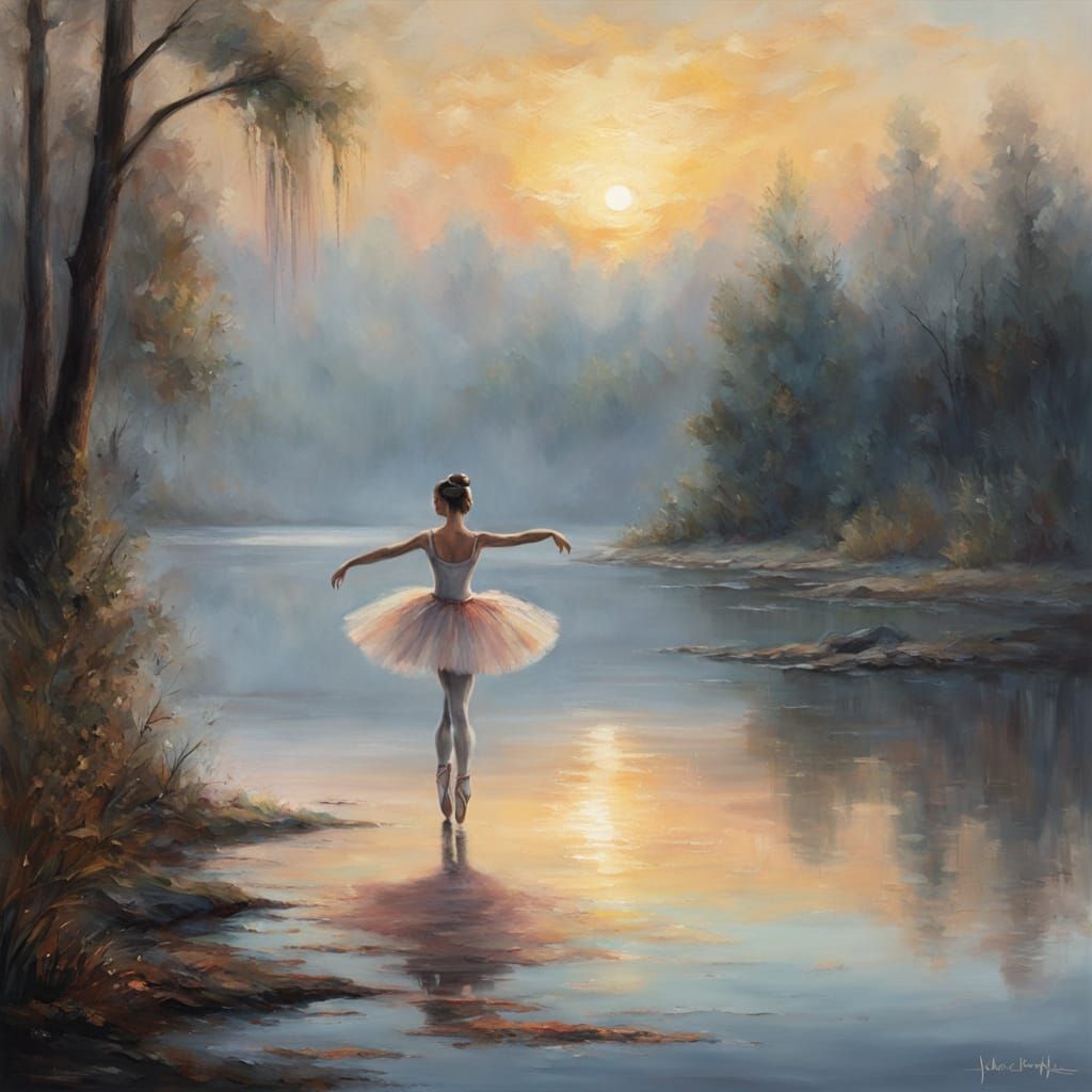 Ballerina on Misty Lake Shore in Impressionist Oil Painting
