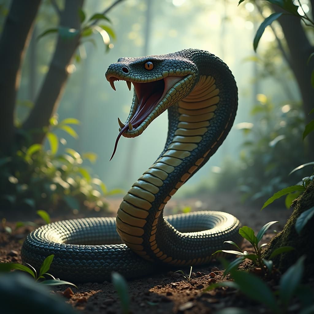 King Cobra Strikes in Misty Rainforest