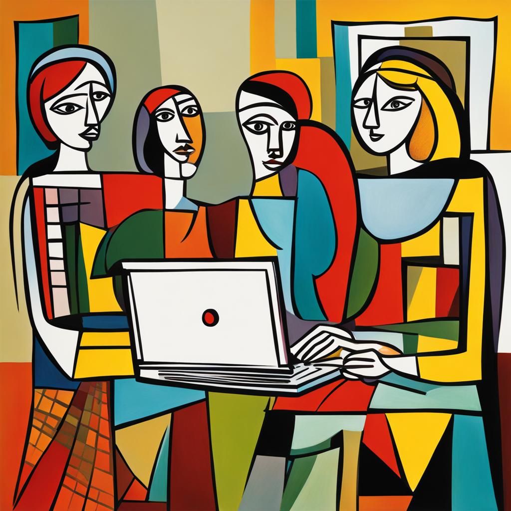 Women at Laptop in Picasso-Style Cubism