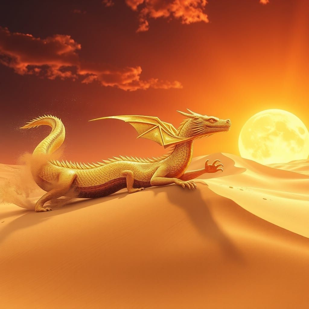 Golden Sand Dragon Speeds Across Desert Dunes in Vibrant Dig...