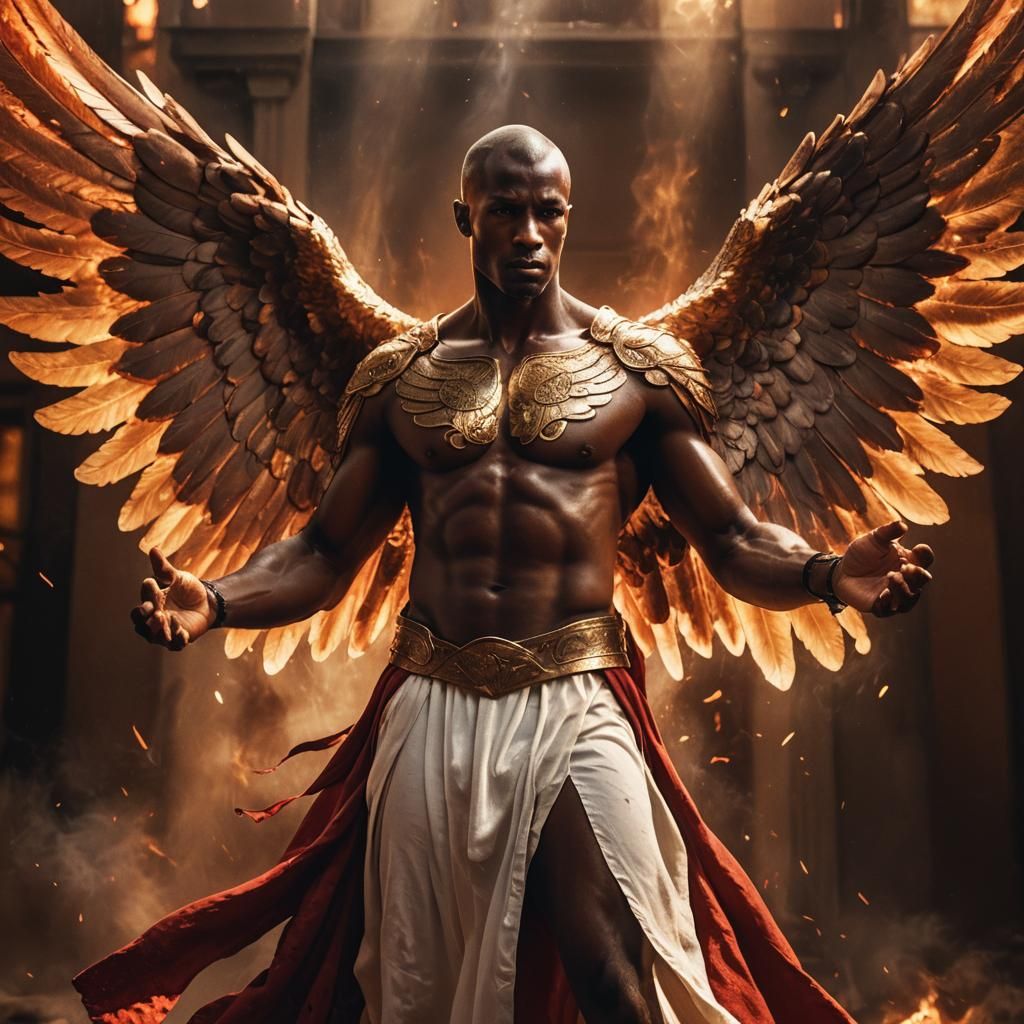 Fiery Angel with Dark Skin in Dramatic Lighting