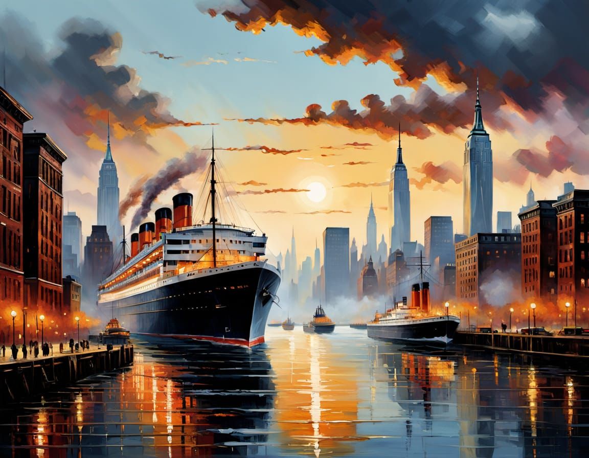 Vibrant New York Harbor Scene in Golden Light