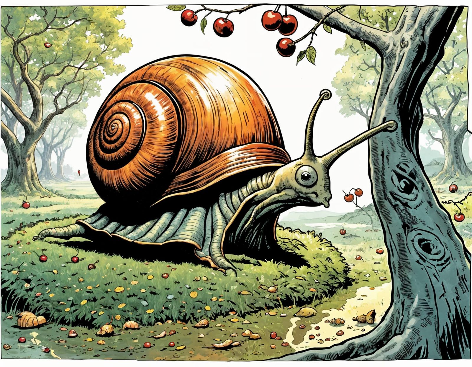 Anthropomorphic Snail Examines Fallen Cherry Tree