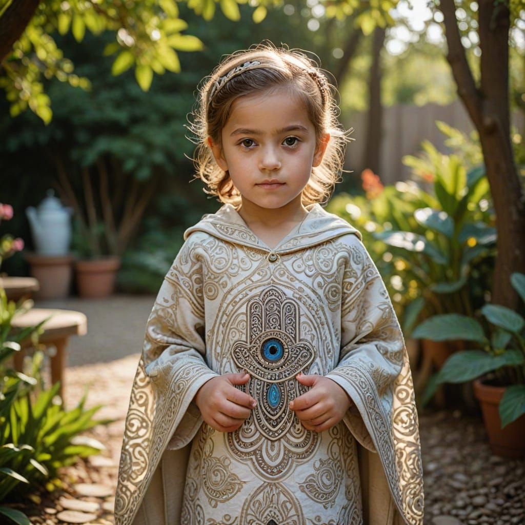 A Young Child Poses as a Hamsa in a Serene Garden Setting