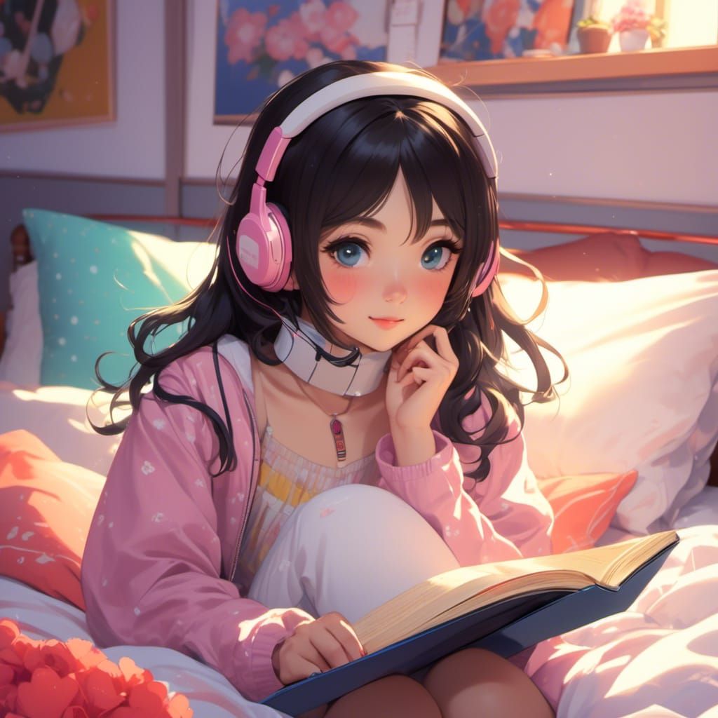 Anime Girl Reading in Brightly Lit Room
