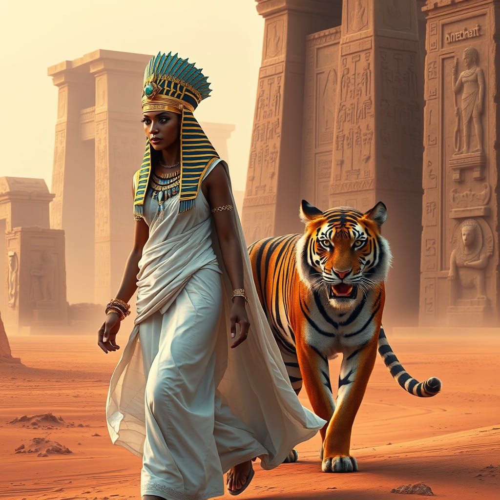 Egyptian Queen Walks with Majestic Tiger in Mystical Desert