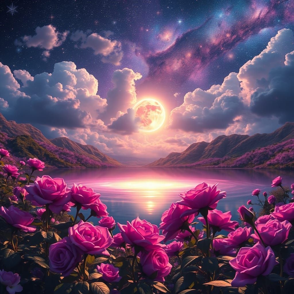 Galaxy Lake with Purple Roses: Holographic Illustration