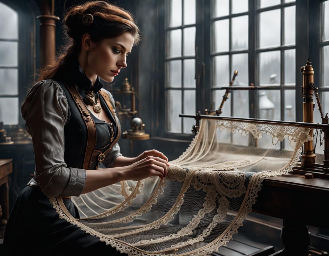 Steampunk Craftswoman Weaving Lace in Workshop