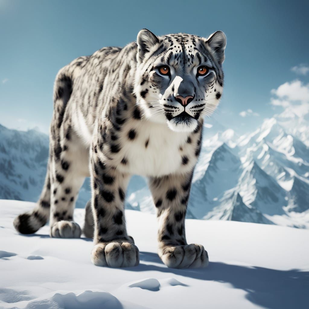 Majestic Red-Eyed Snow Leopard Roams Glacier with Cub in Cin...
