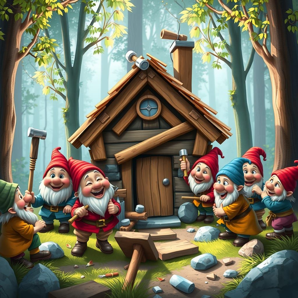Dwarves Build Cozy Cottage in Enchanted Forest