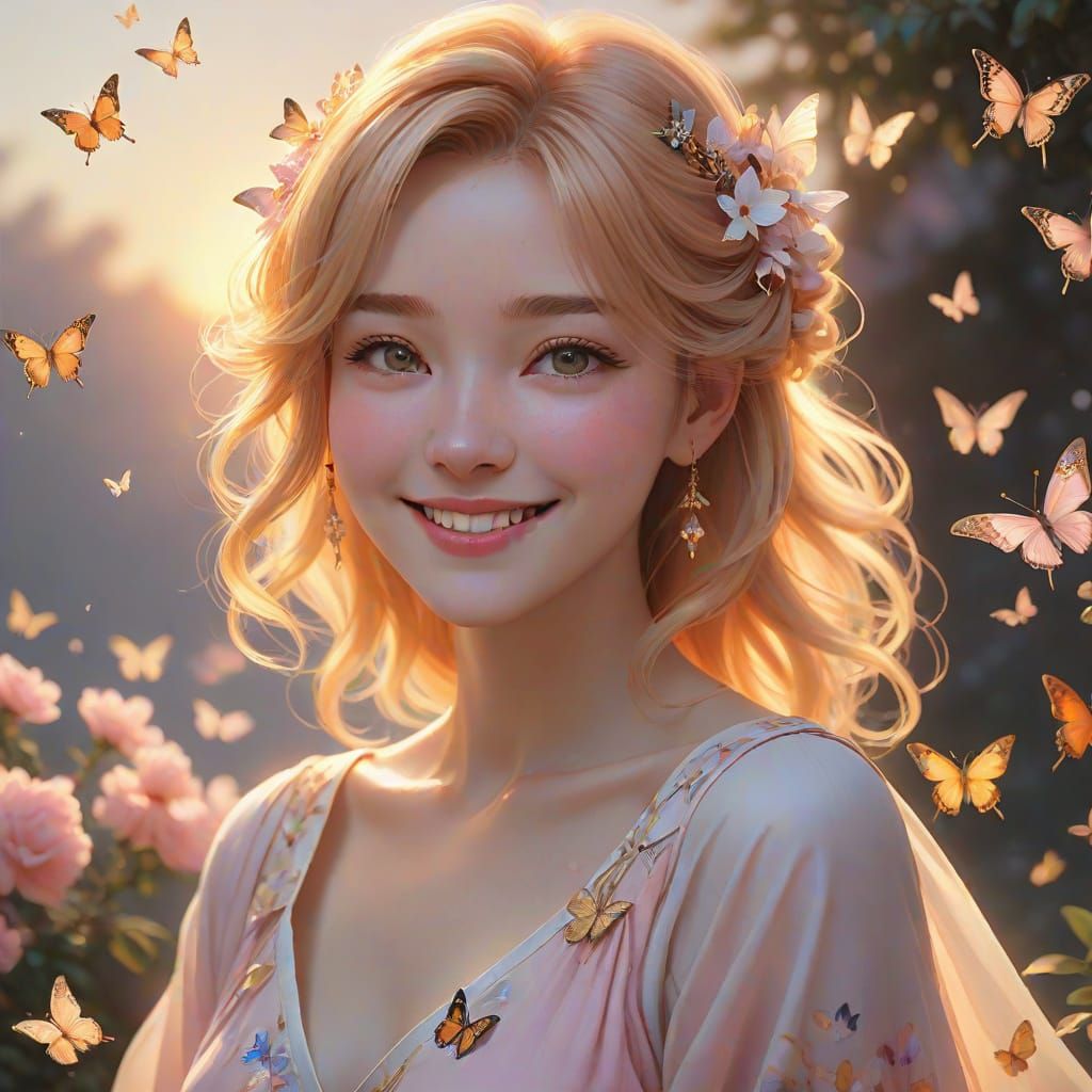 Radiant Woman with Butterflies: Anime-Inspired Portrait