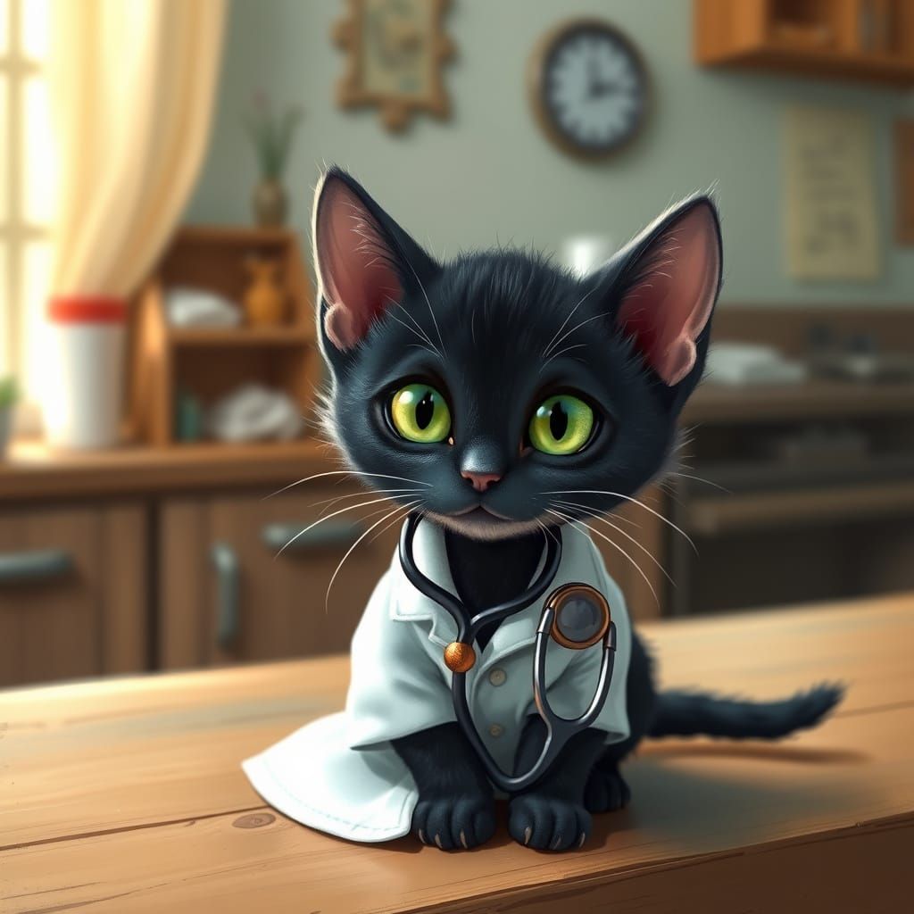 Whimsical Doctor Kitten Examining the Scene