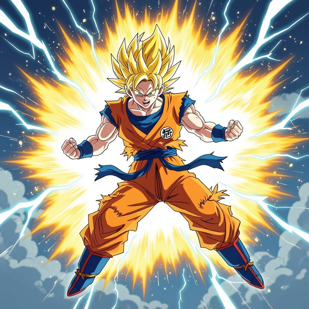 Super Saiyan Goku Powers Up Energy Blast in Dynamic Anime St...