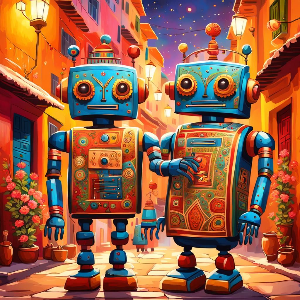 Colorful Indian Street Scene with Musical Robots