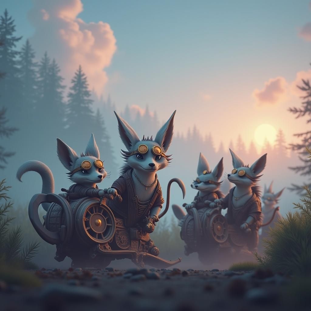 Steampunk Foxes on Dragon Locomotive in Golden Forest
