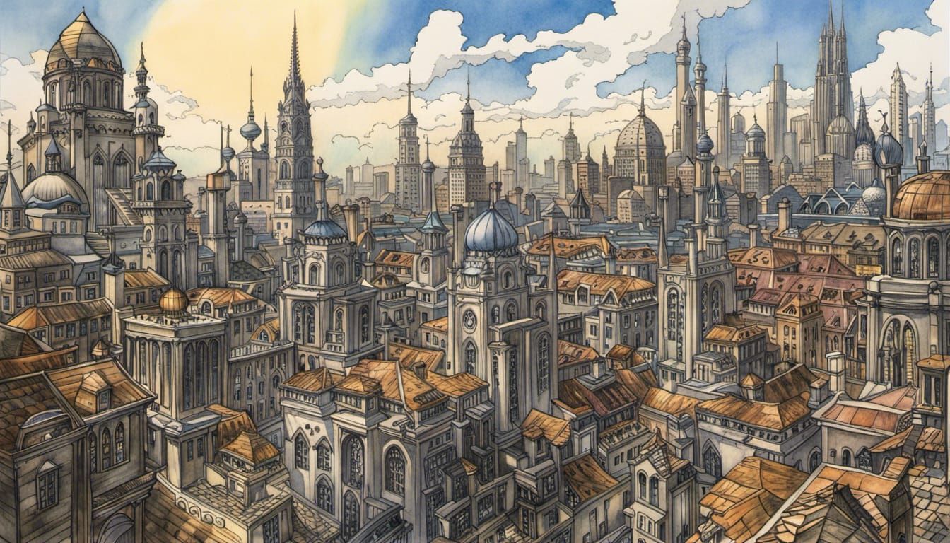 Detailed Ravnica Cityscape in Watercolor and Ink