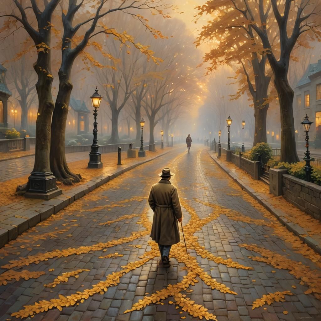 Ethereal Autumn Walk: Kinkade-Inspired Fantasy Art