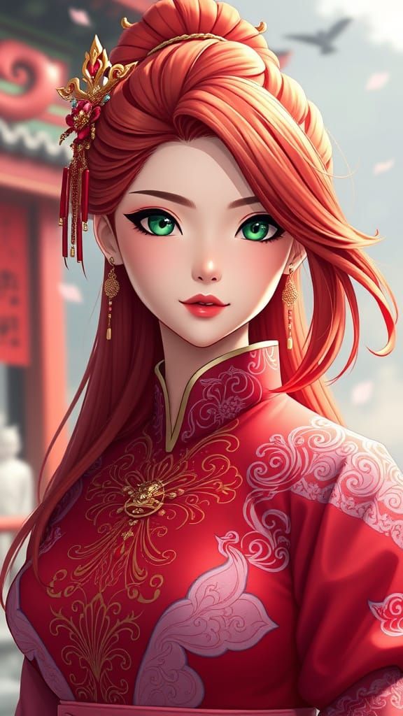 Ravishing High Consort with Jade-Green Eyes and Elegant Red ...