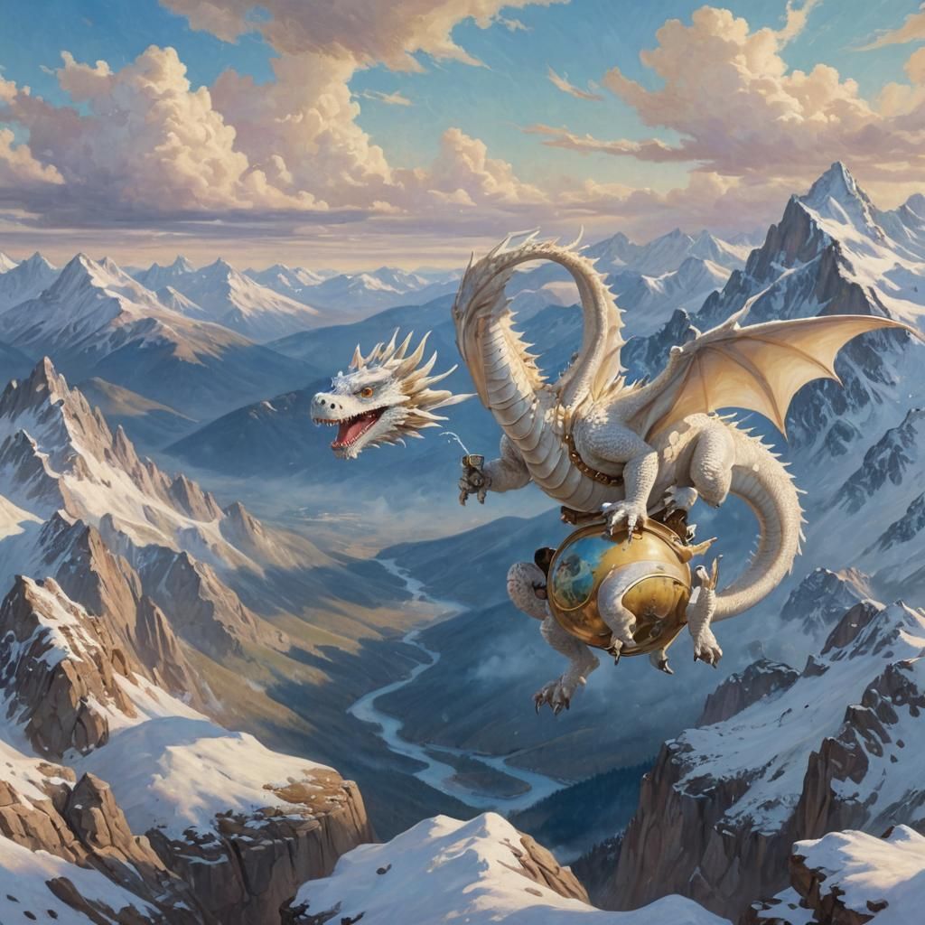 Snow Dragon Over Rocky Mountains: Impressionist Oil Painting
