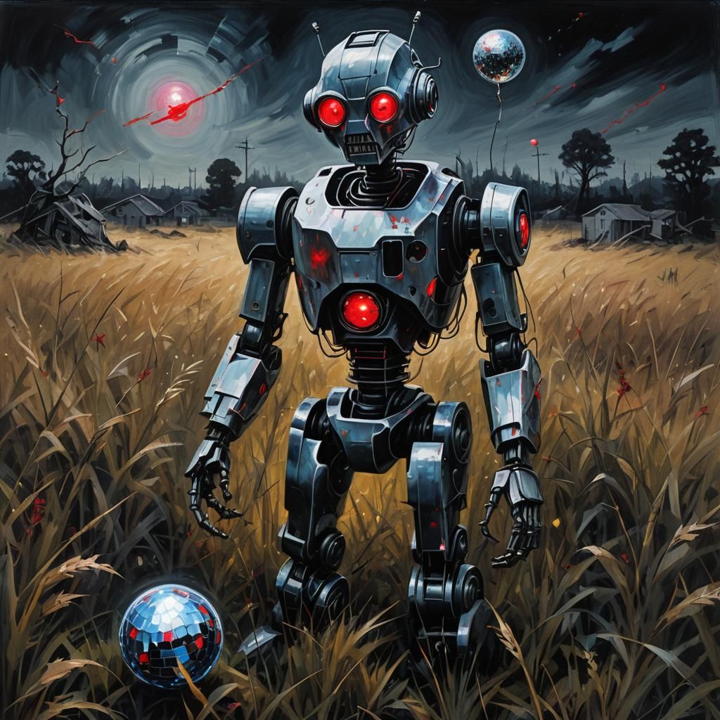 Robot in Desolate Field: Surrealist Horror Art
