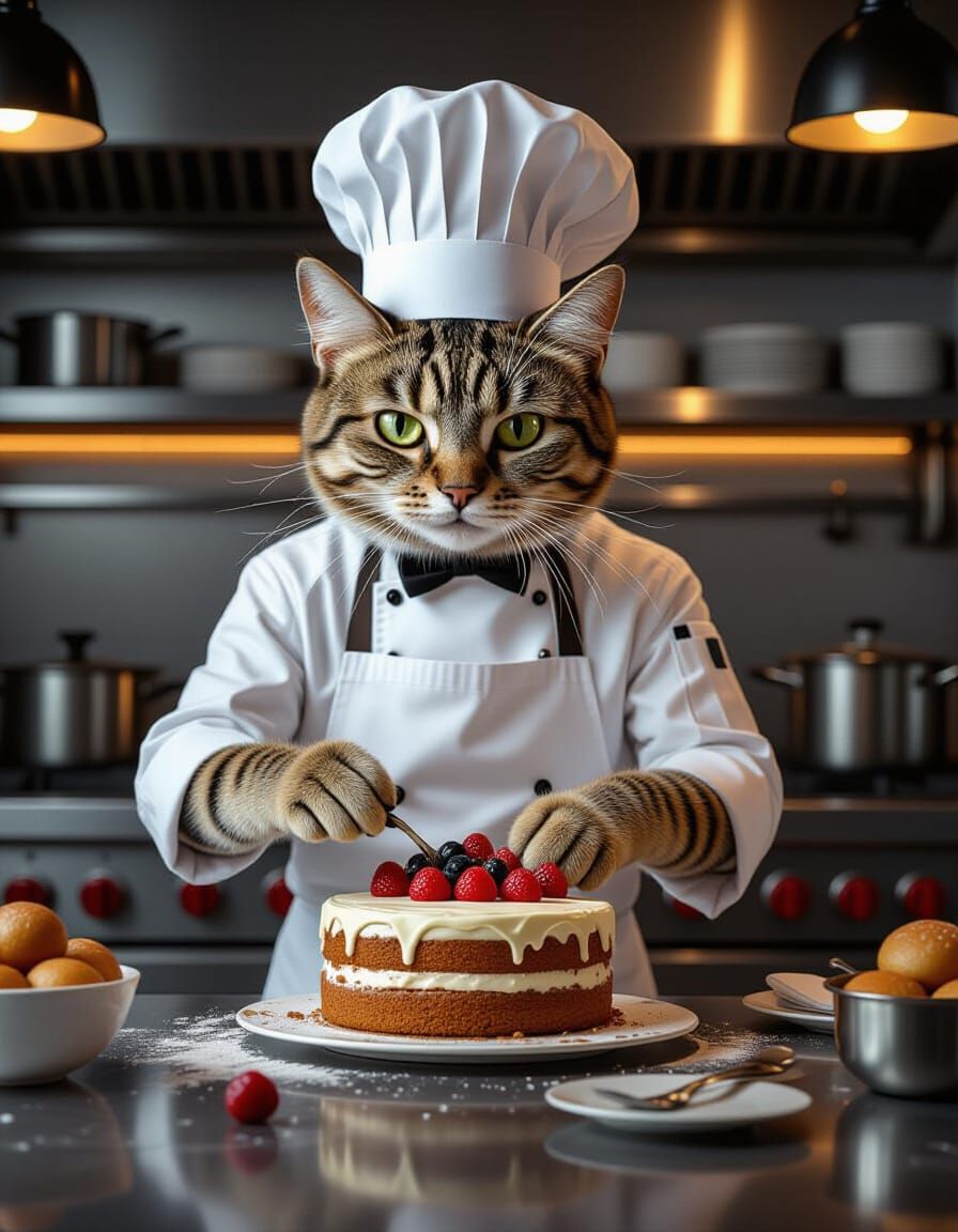 Chef Cat Prepares Cake in Modern Kitchen