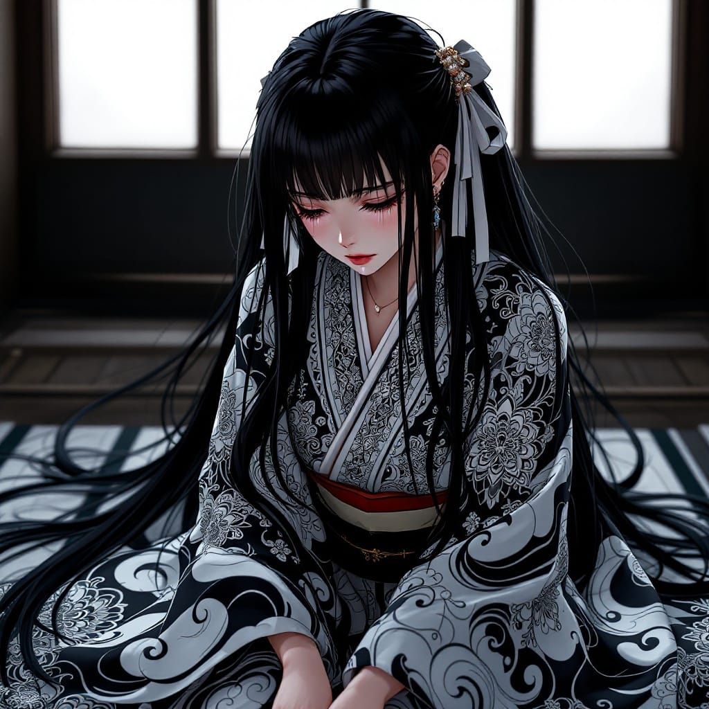 Sorrowful Japanese Beauty in 2.5D Anime Style