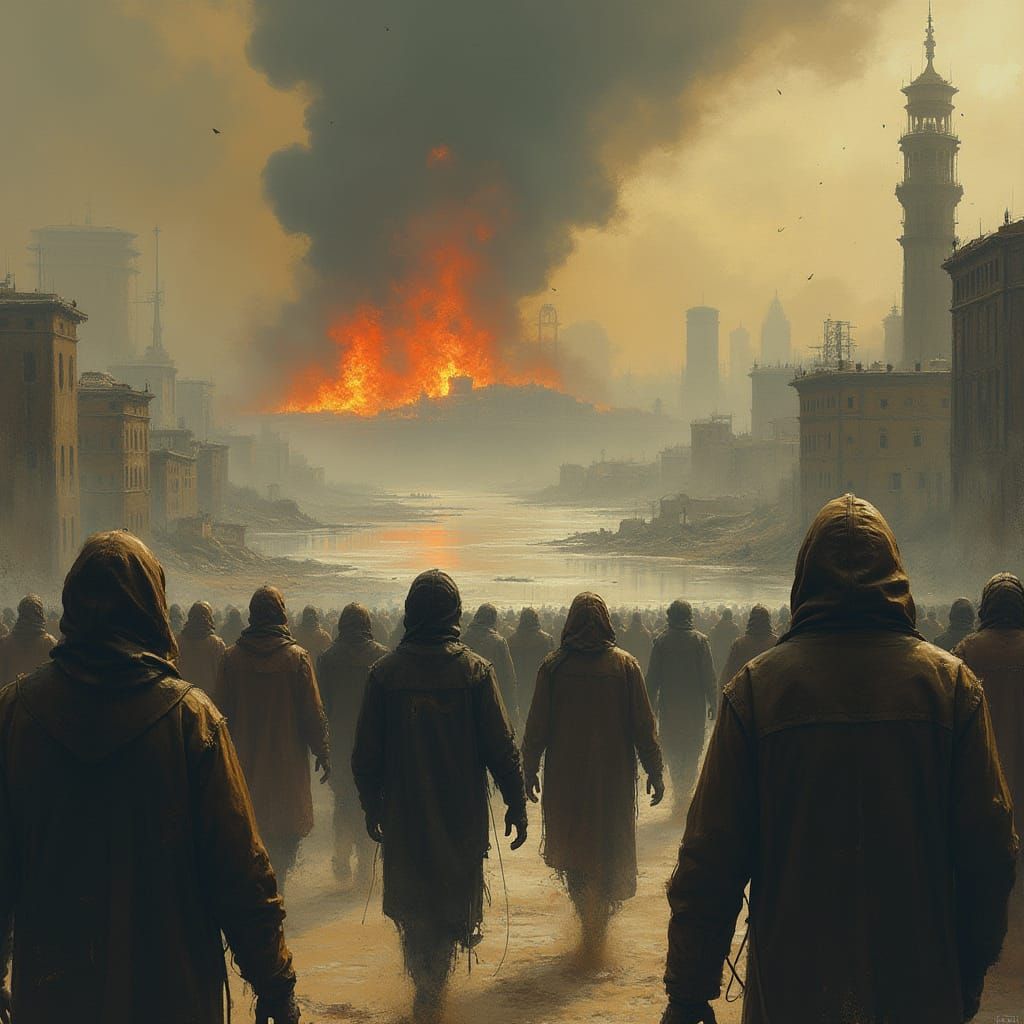 Dystopian Future in Ruin, Fleeing Masses Amidst Environmenta...