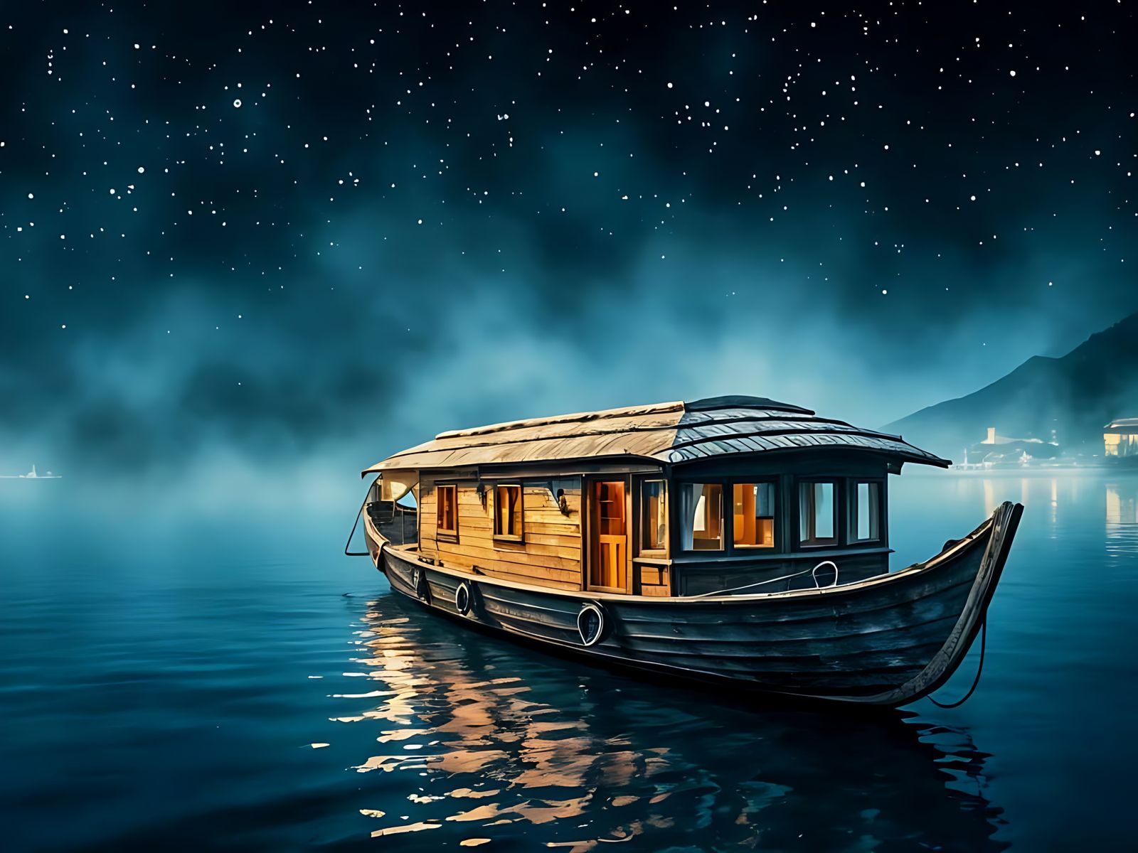 Cozy Kashmir Houseboat at Night, Ink Drawing