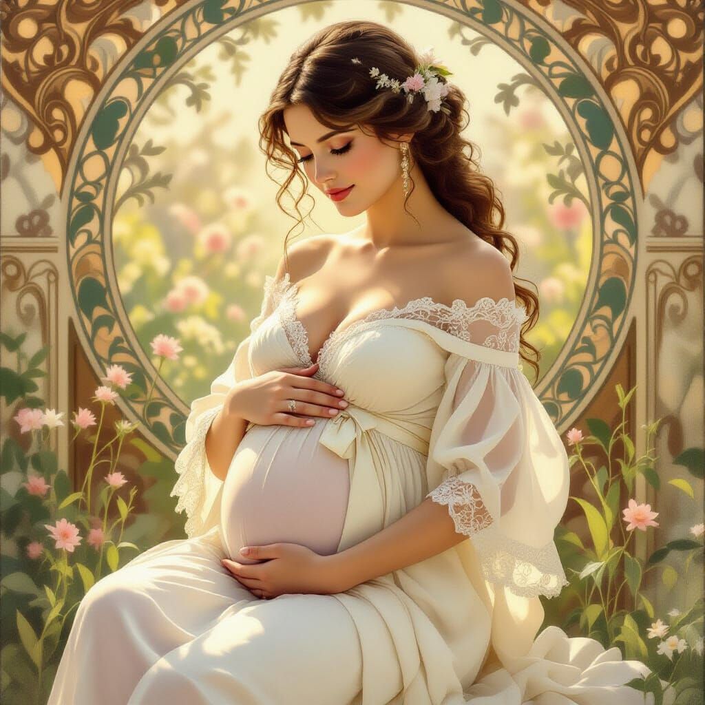 Elegant Pregnant Woman in Flowing Dress