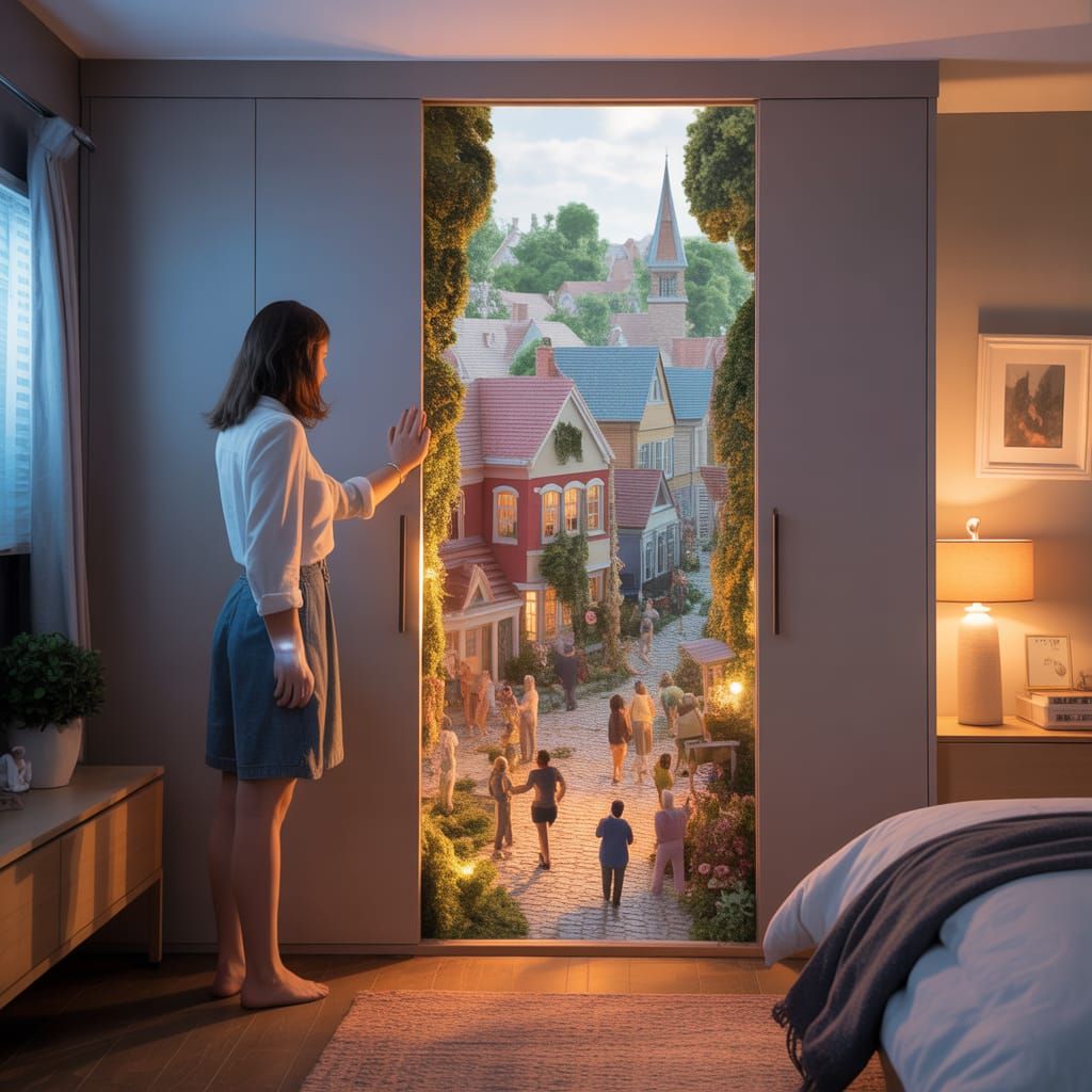Woman Opens Closet Door to Reveal Tiny Village Portal