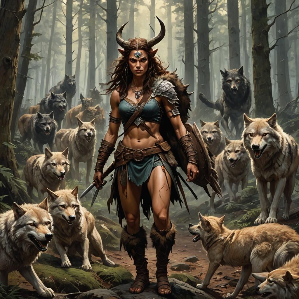Satyr Warrior with Wolves in Dark Forest
