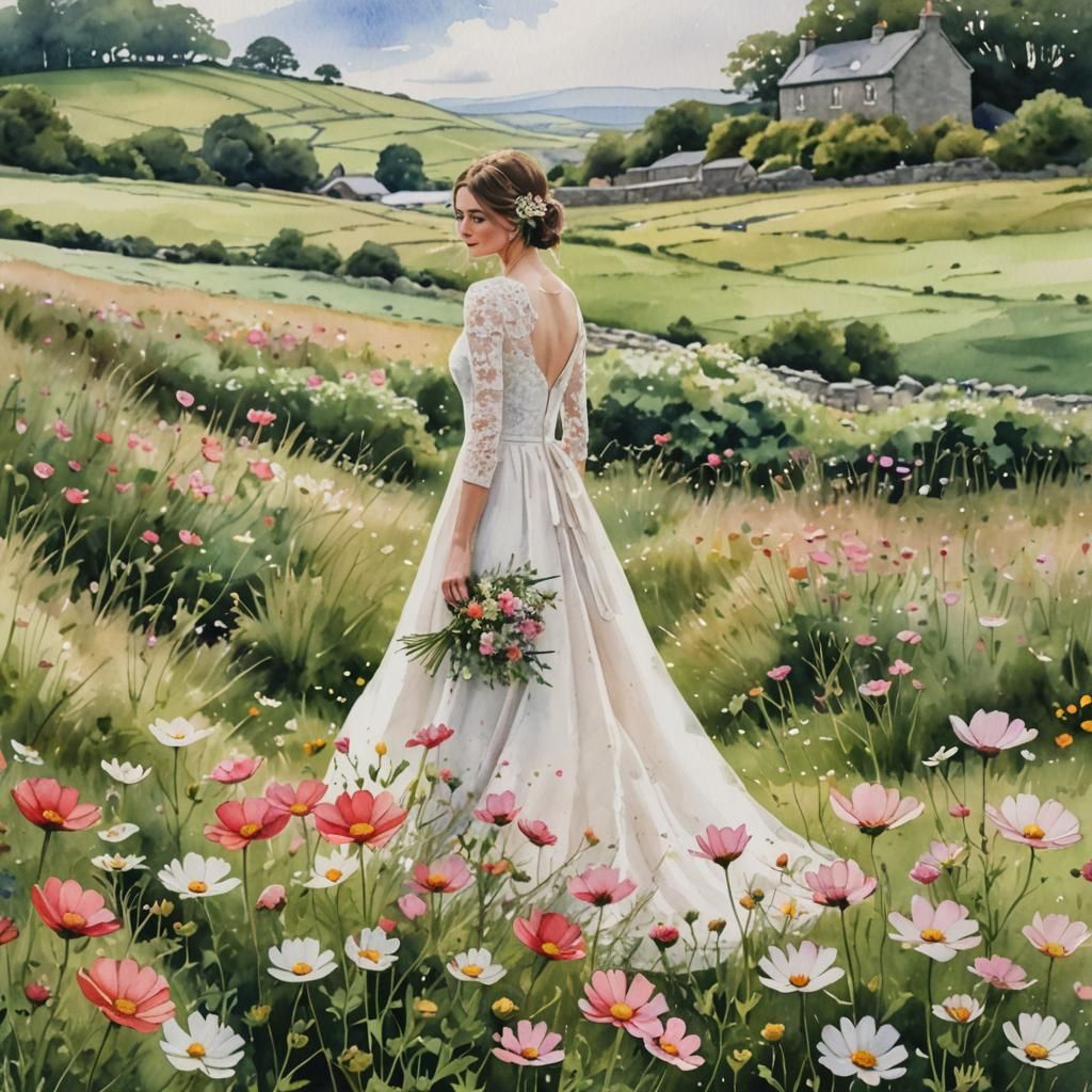 Bridal Dress Close-Up in Watercolor Style