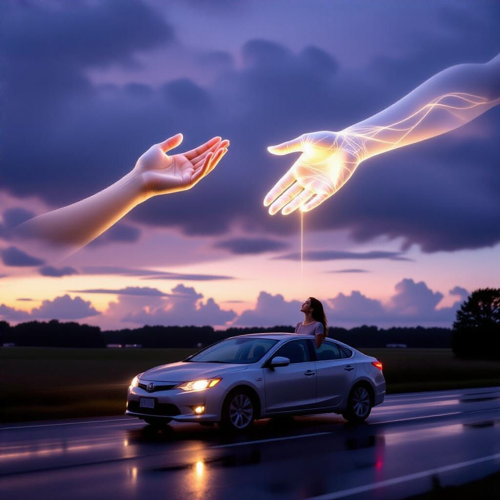 Ethereal Sky Hands Above Reflective Road