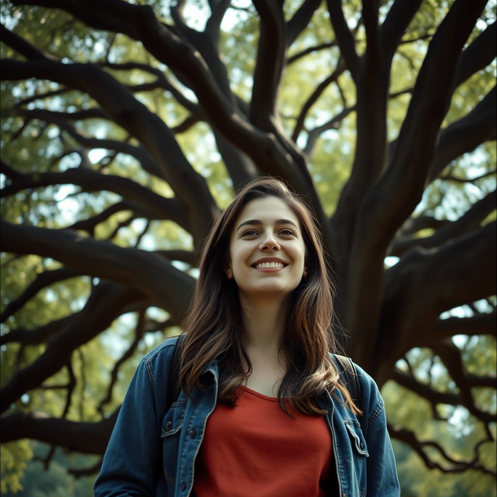 Woman Smiling Under Oak Tree, Cinematic Film Still