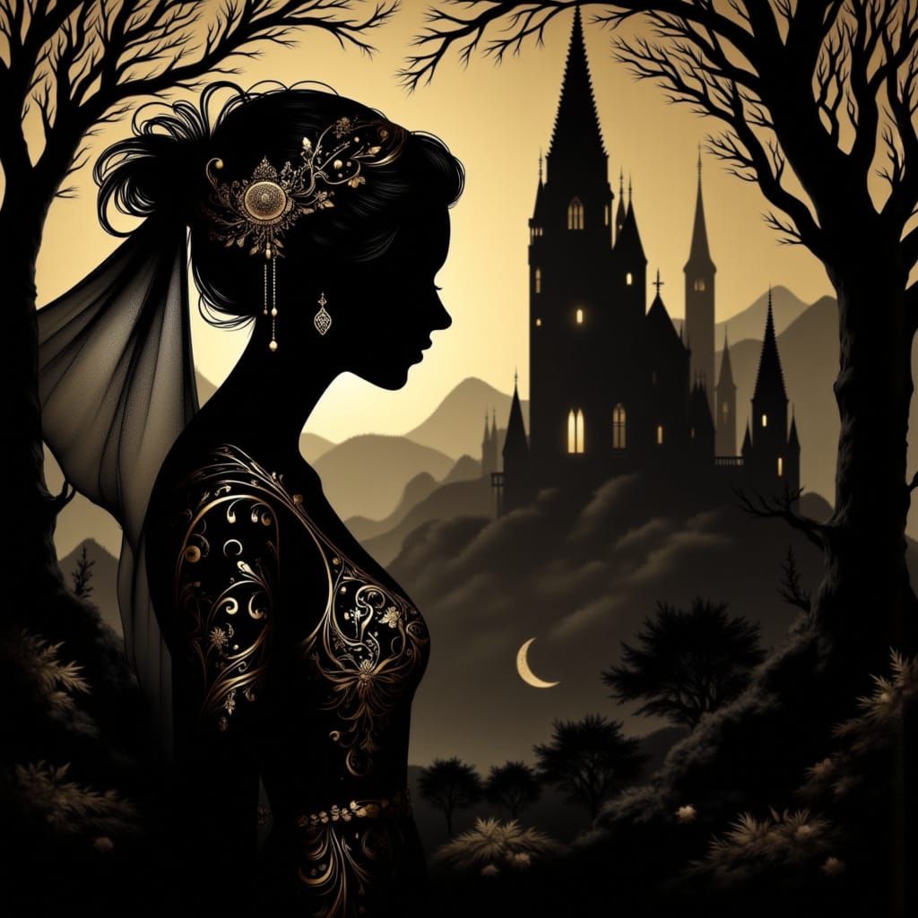 Art Nouveau Elf Sorceress in Shadowed Landscape