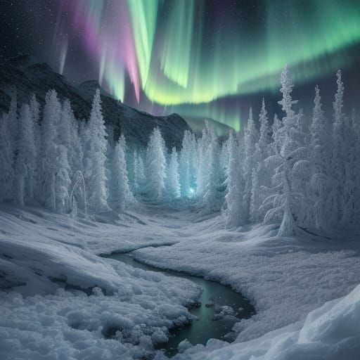 Ethereal Forest Under Aurora Borealis in Charcoal Style