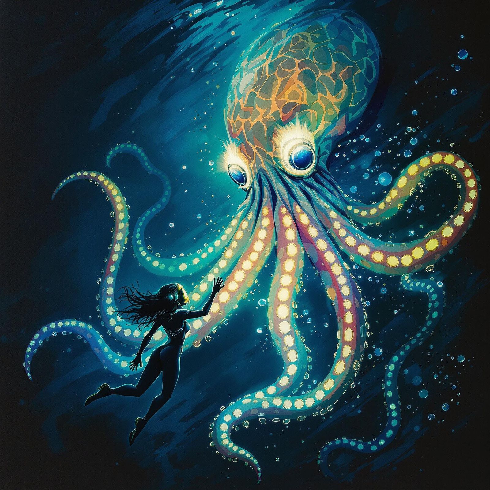 Glamorous Diver Confronts Colossal Squid in Dark Ocean Depth...