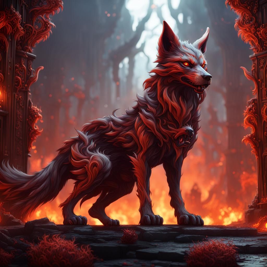 Fantastical Hellhound Kitsune in Detailed Matte Painting