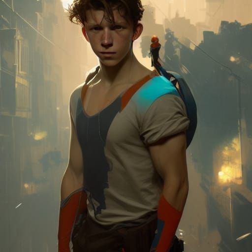 Hyperdetailed Portrait of Tom Holland in Orange and Teal