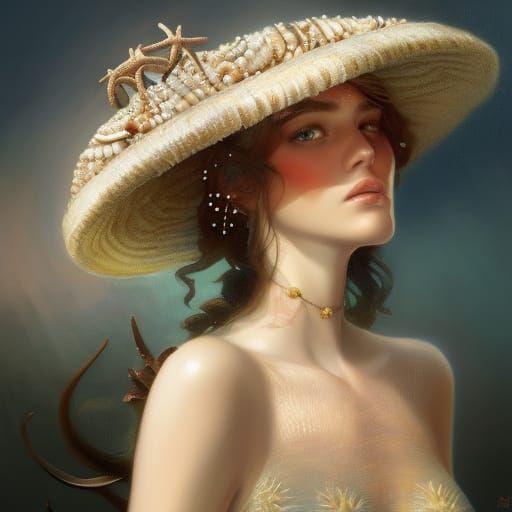 Oceanic Shell Hat Portrait in Art Nouveau Style